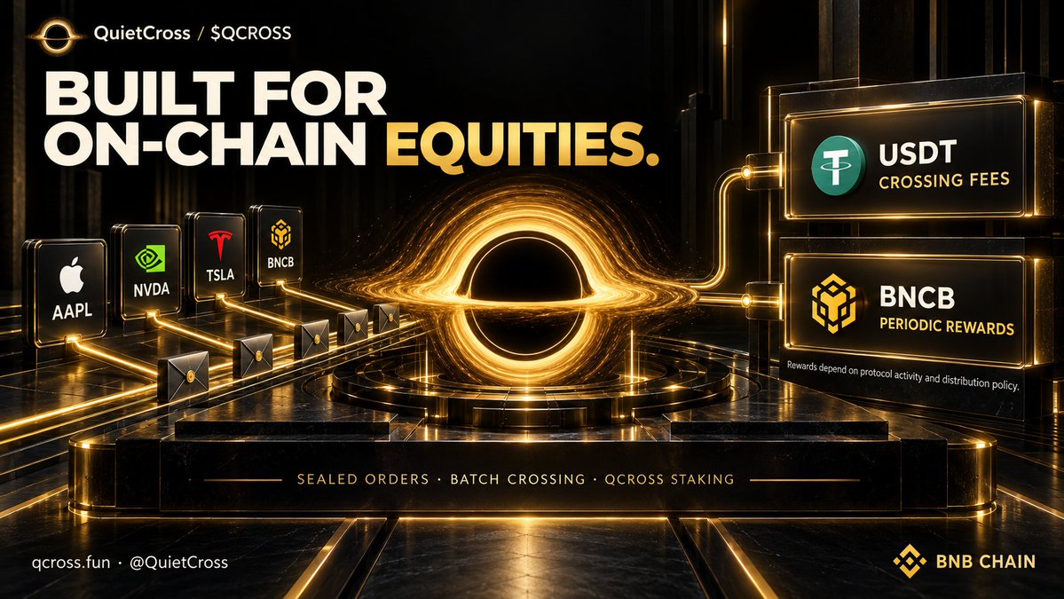 QuietCross's tweet photo. The missing cornerstone of BNB Chain's tokenized equity ecosystem: Why Dark Pools make bStocks viable, and why QuietCross delivers superior, safer real yield.

BNB Chain is pioneering the tokenization of real-world assets and equities (bStocks like AAPL, NVDA, TSLA, and $BNC ). 
Yet, the entire bStock ecosystem faces a structural barrier on continuous AMMs:
Shallow pool liquidity and predatory sandwich bots inflict 3% to 5%+ in slippage on every trade, erasing an entire day's equity alpha.

Just as Wall Street requires Dark Pools and Alternative Trading Systems (ATS) to clear over 40% of U.S. stock volume, the BNB Chain bStock ecosystem cannot scale without a private crossing network.

QuietCross ($QCROSS) is the critical infrastructure layer designed to solve this crisis.

---

[1] THE INDISPENSABLE PILLAR OF BSC bSTOCKS

Tokenized equities cannot thrive on AMM curves engineered for meme tokens. 
QuietCross provides the institutional trading engine the BSC equity ecosystem was missing:

1. Zero Slippage at Fair Midpoint Spot:
Traders cross peer-to-peer against verified PancakeSwap V3 spot pricing. A $10,000 or $500,000 bStock order executes with zero internal price impact.

2. Flat 0.10% Execution Fee:
A 30x to 50x cost reduction compared to 3% to 5% DEX slippage. Traders finally keep their stock market gains.

3. 100% Anti-MEV Protection:
Sealed keccak256 order commitments keep trade terms invisible in the mempool during the commit phase. Sandwich bots extract $0.

---

[2] SUPERIOR DUAL REAL YIELD (NO INFLATIONARY POOLS)

Traditional DeFi liquidity farming is an illusion: high APYs in printed governance tokens mask devastating Impermanent Loss (IL) and LVR to toxic arbitrageurs.

QuietCross replaces inflationary emissions with sustainable, real-world cash flows:

• 80% Native Crossing Fees in Pure USDT:
80% of all protocol execution fees are distributed directly to $QCROSS stakers in cold, hard USDT. No token dump. No market sell pressure.

• 1% Perpetual Launchpad Tax Stream:
50% of the 2% trading tax on $BNCB pairs on Flap (1% of total volume) is routed directly into staker vaults.

• Zero Impermanent Loss:
No LP token pairing. Single-sided $QCROSS staking captures the structural growth of the entire BSC equity market.

---

[3] STRUCTURAL SAFETY: WHY DARK POOLS SURPASS STANDARD DEFI

1. Immunity to Flash-Loan Pool Drains:
Standard AMMs concentrate liquidity in manipulable curves ($x \cdot y = k$). QuietCross holds no internal bonding curve inventory; orders cross peer-to-peer at external oracle spot. Flash loans have no pool balance to manipulate.

2. Non-Custodial Emergency Exit (Zero Capital Lockup):
If an operator halts or encounters network congestion, traders are never trapped.
After 540 seconds, ANY user can execute:
refundExpired(batchId, orderId)
Requires zero admin signatures and zero operator permissions. 100% of deposited assets return to the owner directly on-chain.

3. Dynamic Deviation Guard:
Multi-point spot tape sampling continuously verifies price health. If external markets experience abnormal price distortion, the batch automatically voids with zero fees charged.

---

[4] THE INFRASTRUCTURE VERDICT

Without QuietCross, BNB Chain bStocks remain an experiment handicapped by DEX slippage.
With QuietCross, BSC gains institutional Wall Street market structure.

Contract Address (CA):
0x4dD204CB34c96C6a09614A124D09a060a2fB7777

Trading Portal: https://t.co/xHrpsFS70L
Flap Trading: https://t.co/BveFjEb1RB
GitHub Codebase: https://t.co/ET6Qqmapi4
Technical Specification: https://t.co/4OmpNYOCm5