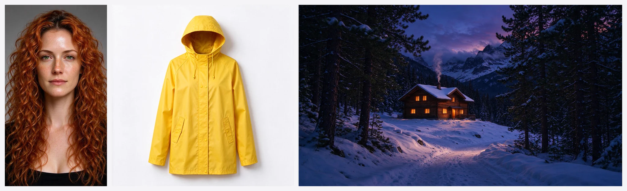 Three reference images side by side: a portrait of a woman with curly red hair, a yellow hooded raincoat on white, and a wooden cabin in the snow at dusk