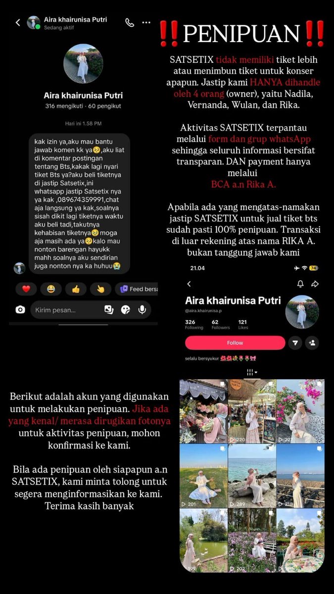 satsetix's tweet photo. ‼️ [HELP RT] SCAMMER TICKET BTS - ARIRANG MENGGUNAKAN NAMA KAMI ‼️

Allo Bank
Dika Rukmayanti Lubis
089662100066
https://t.co/eduTUDPeoX

– • kami tidak ada lebihan tiket bts, semua tiket sudah milik anak jastip satsetix
– • semua payment hanya melalui gform dan rek an. Rika A https://t.co/8t0zLErm8v