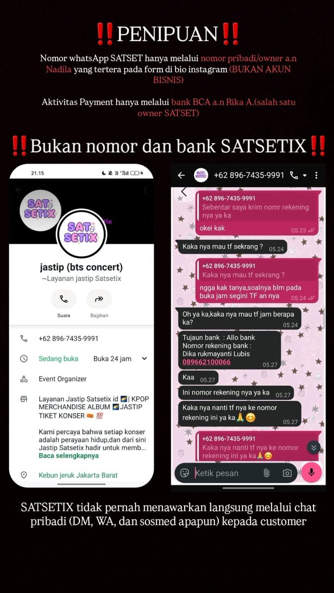 satsetix's tweet photo. ‼️ [HELP RT] SCAMMER TICKET BTS - ARIRANG MENGGUNAKAN NAMA KAMI ‼️

Allo Bank
Dika Rukmayanti Lubis
089662100066
https://t.co/eduTUDPeoX

– • kami tidak ada lebihan tiket bts, semua tiket sudah milik anak jastip satsetix
– • semua payment hanya melalui gform dan rek an. Rika A https://t.co/8t0zLErm8v