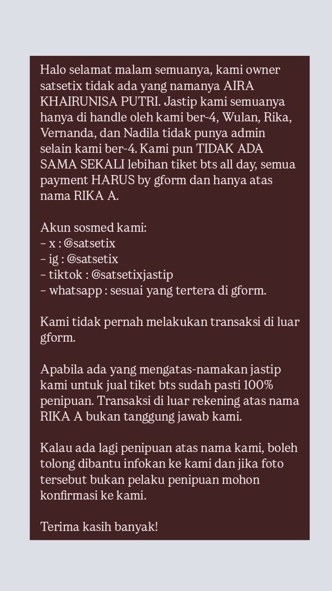 satsetix's tweet photo. ‼️ [HELP RT] SCAMMER TICKET BTS - ARIRANG MENGGUNAKAN NAMA KAMI ‼️

Allo Bank
Dika Rukmayanti Lubis
089662100066
https://t.co/eduTUDPeoX

– • kami tidak ada lebihan tiket bts, semua tiket sudah milik anak jastip satsetix
– • semua payment hanya melalui gform dan rek an. Rika A https://t.co/8t0zLErm8v