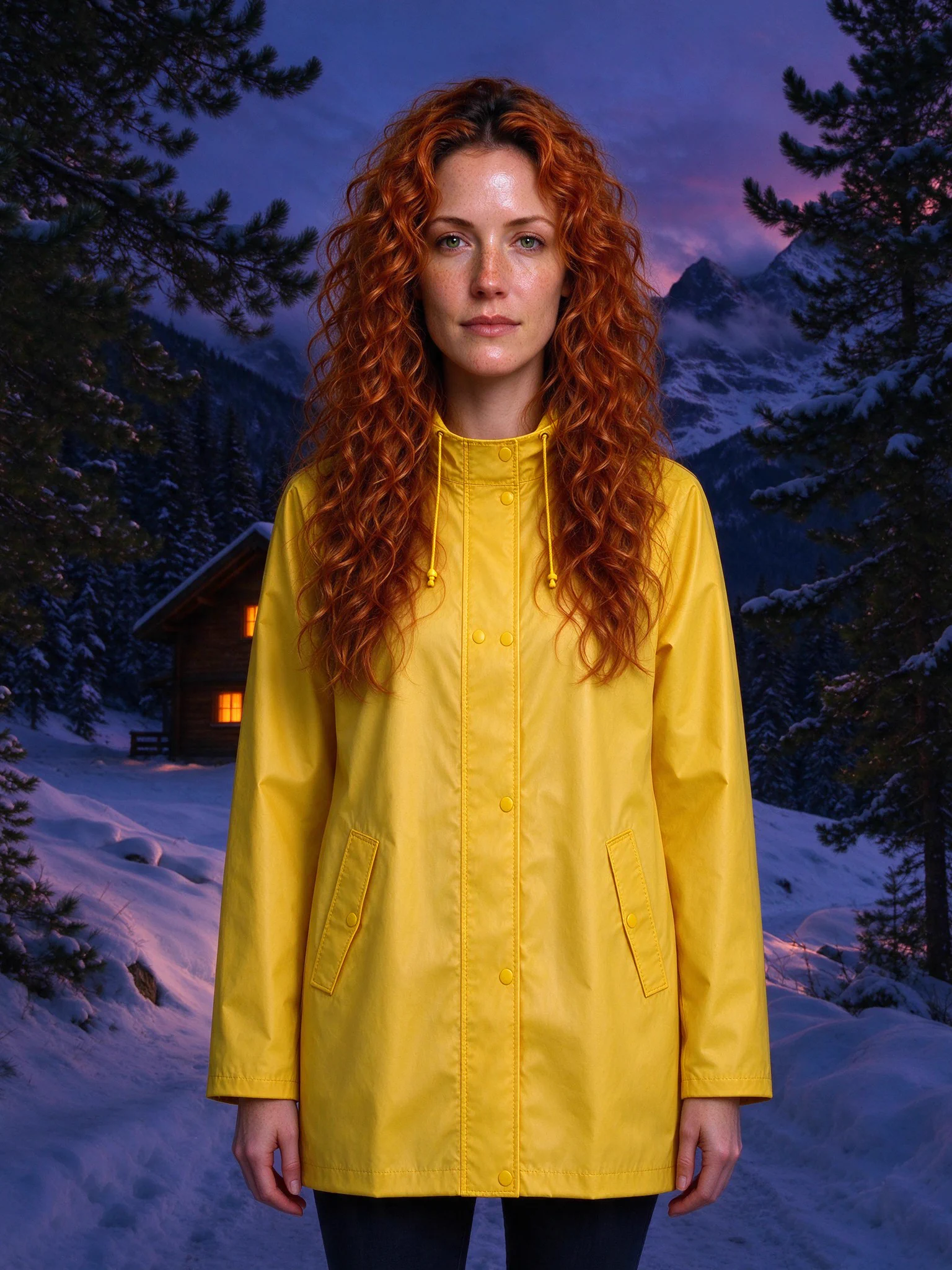 The result: the same red-haired woman wearing the yellow raincoat, standing in the snow in front of the lit cabin at dusk