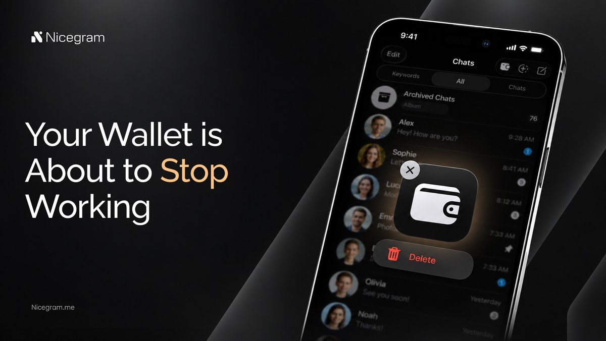 nicegramapp's tweet photo. 👋 Goodbye, crypto.

You didn't install a messenger to trade. All the work goes into chats now.

❌ Wallet as a financial tool is gone
✅ Wallet stays as a login only

Had funds in it? Export your seed phrase. Your keys, your coins.

Wallet → Settings → View Key https://t.co/N96VtE0Chf