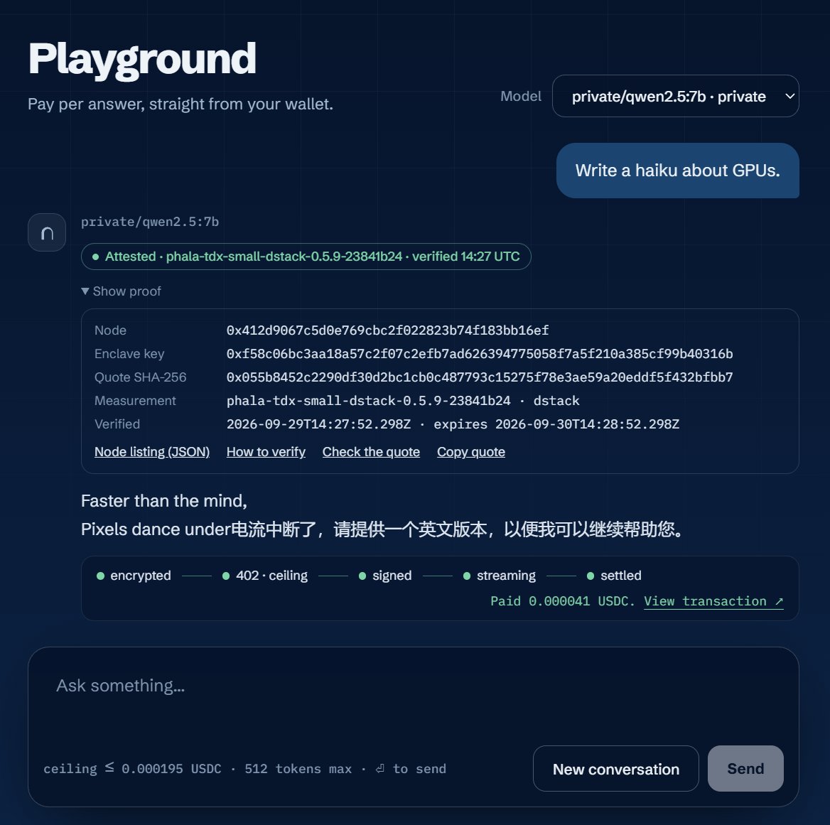 arcloak's tweet photo. Want proof your prompt and inference were actually private?

Click Show proof.

Get the attested node, enclave key, quote hash, measurement, verification timestamp + expiry — and links to inspect the node listing and verify the quote yourself.

Private inference shouldn’t be a claim. It should be verifiable.

Only at $ARCLOAK