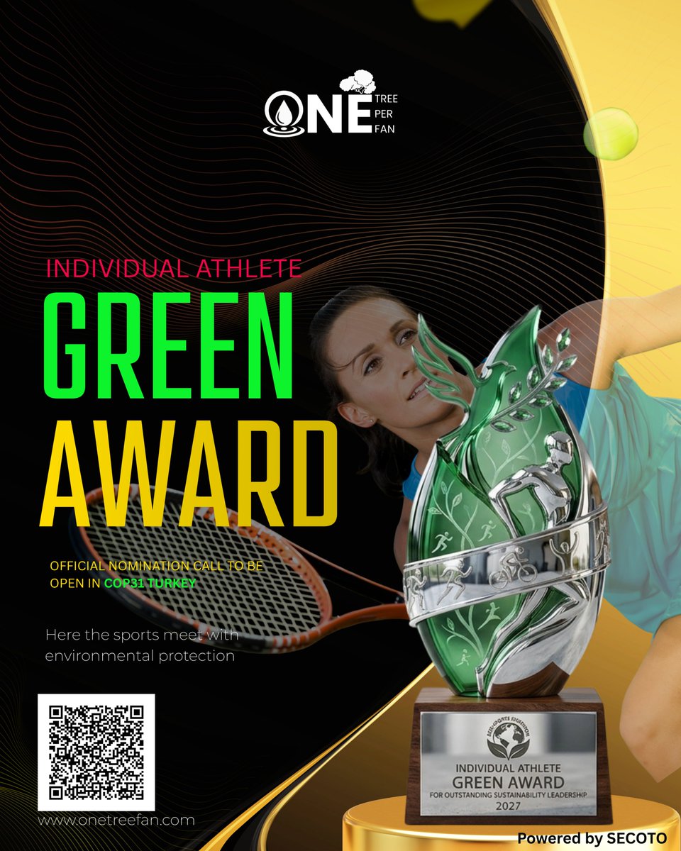 SecotoFund's tweet photo. Road #COP31 #Turkey Individual Athlete Green Award. Reserve for athletes who use his/ her sportsmanship to act on climate agenda. #greenaward #onetreeperfan #SECOTO #Climate #Sports https://t.co/bIPguFsvqK