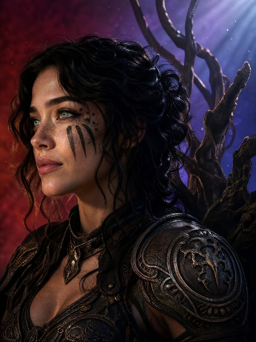 Clementainex's tweet photo. Gaze fixed on the horizon, spirit rooted in ancient power. Between the blood-red dusk and the twilight blue, the warrior watches. A portrait of resilience and untamed strength. 🔥🌑✨ https://t.co/eLX3AXiimE