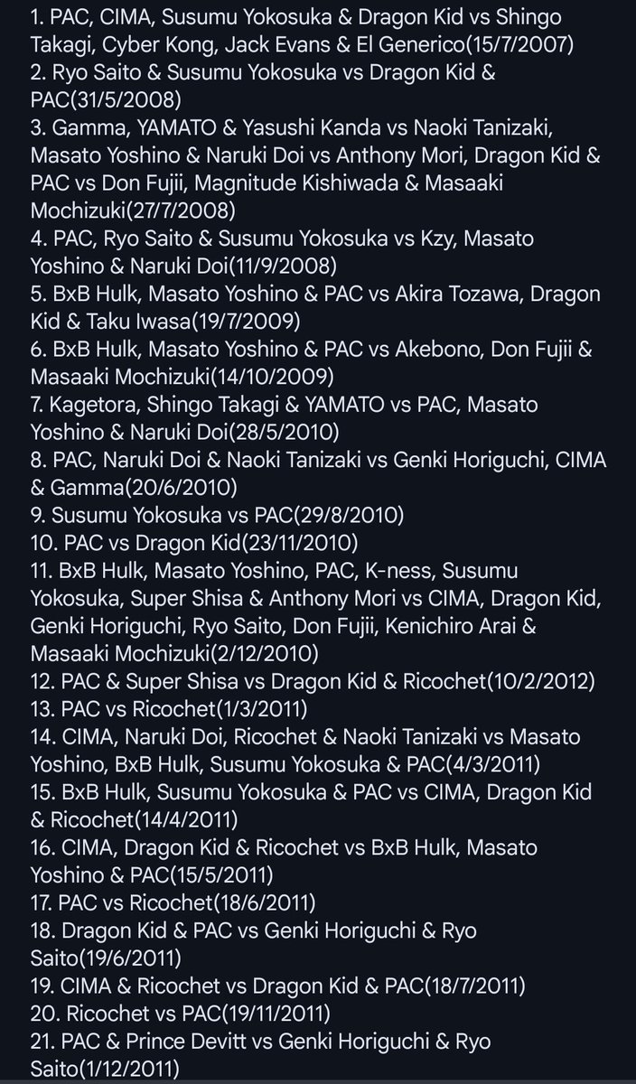 TheBuuing's tweet photo. List of every PAC match from Japan that I thought was at least great ranging all the way to incredible. Specified NJPW for his BOTSJ matches, rest are from DG. Still need to watch DG USA https://t.co/kUSrtKmpA0
