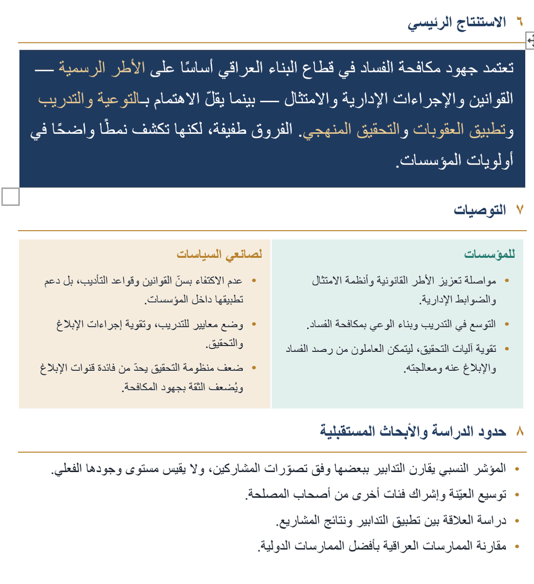ahmedjalbayati's tweet photo. تدابير مكافحة #الفساد في قطاع البناء #العراقي

يسعدني أن أشارككم عرضًا مختصرًا لبحثنا حول واقع تدابير مكافحة الفساد في قطاع البناء العراقي، مبنيًّا على آراء مهندسين ومديرين ومشرفين ميدانيين يعملون في القطاع.

يقيّم البحث ستة أنواع من التدابير: التنظيمية، والإدارية، والتوعوية، والتحقيقية، والتأديبية، والامتثال.

وتشير النتائج إلى أن جهود المكافحة تعتمد أساسًا على القوانين والإجراءات الإدارية وأنظمة الامتثال، بينما يقلّ الاهتمام بالتدريب والتوعية وتطبيق العقوبات والتحقيق المنهجي.

البحث الكامل متاح لمراكز البحوث العراقية الراغبة في نشره كاملًا. يُرجى التواصل عبر الرسائل الخاصة.

©️ جميع حقوق النشر والتوزيع محفوظة للدكتور أحمد البياتي، ولا يجوز نشر البحث الكامل أو توزيعه إلا بإذن مسبق.

نأمل أن يسهم هذا العمل في دعم النزاهة والشفافية في مشاريع إعادة إعمار العراق. 🇮🇶

#مكافحة_الفساد #قطاع_البناء #العراق #النزاهة #الحوكمة #إعادة_الإعمار #البحث_العلمي #العراق #العراق_بصورة_أوضح