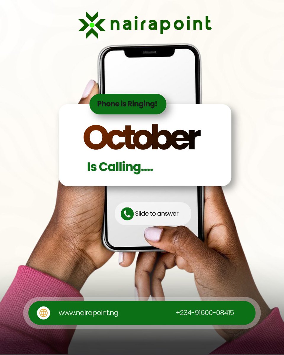 NairaPointNG's tweet photo. October is callingโฆ ๐
A new month is just around the corner. New opportunities, new goals, new moves.
Are you ready for October? ๐
#NairaPoint #OctoberIsCalling #NewMonth https://t.co/bLndgEFGrn