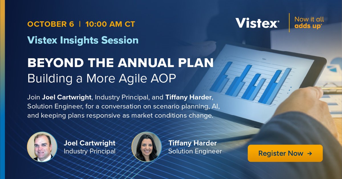 Vistex's tweet photo. Your annual plan may be set, but will it still hold up when market conditions change? Put AI and analytics to work in the planning process.

📅 October 6 | 10:00 AM CT
✅ Register here: https://t.co/RQugifoctj https://t.co/htbJYEvXH4