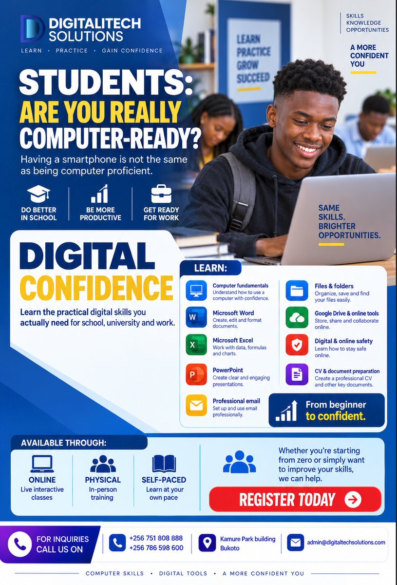 DigitaliTechug's tweet photo. You use your phone every day—but how confident are you on a computer? 👨‍💻👩‍💻
We help students build practical skills for the Work place. Learn online, in person or at your own pace.

Ready to get started? Call +256 786 598 600 to register. https://t.co/SeoeoMZuen