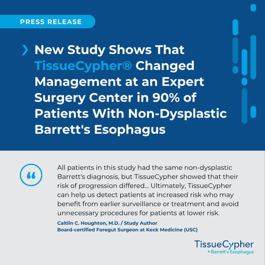 CastleBio's tweet photo. Castle announces the publication of a study showing that the TissueCypher® Barrett's Esophagus Test helped guide risk-aligned management decisions for patients with non-dysplastic Barrett's esophagus (NDBE). In the study, clinicians changed their management recommendations 90% of the time after receiving TissueCypher results, including escalating management for all patients with intermediate- or high-risk results and de-escalating management for 84% of those with low-risk results.

The study, titled "The Tissue Systems Pathology Test Guides Physician Recommendations for Patients With Non-Dysplastic Barrett's Esophagus: A Case Series From a Gastrointestinal Surgery Center," was published in Foregut: The Journal of the American Foregut Society and is linked in the press release: https://t.co/tLhVCu2cos