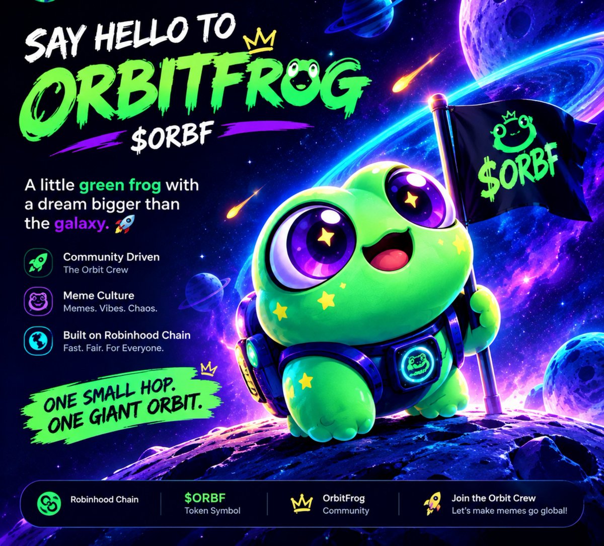 OrbitFrogHQ's tweet photo. 🐸🌌 SAY HELLO TO ORBITFROG! 🚀

A little green frog with a dream bigger than the galaxy. 💚

Memes. Community. Chaos. Welcome to the Orbit Crew!

🌕 One Small Hop. One Giant Orbit.

🐸 $ORBF | The adventure begins here!

Follow @OrbitFrogHQ and join the journey.
#OrbitFrog #ORBF https://t.co/L3tZwDuRdI