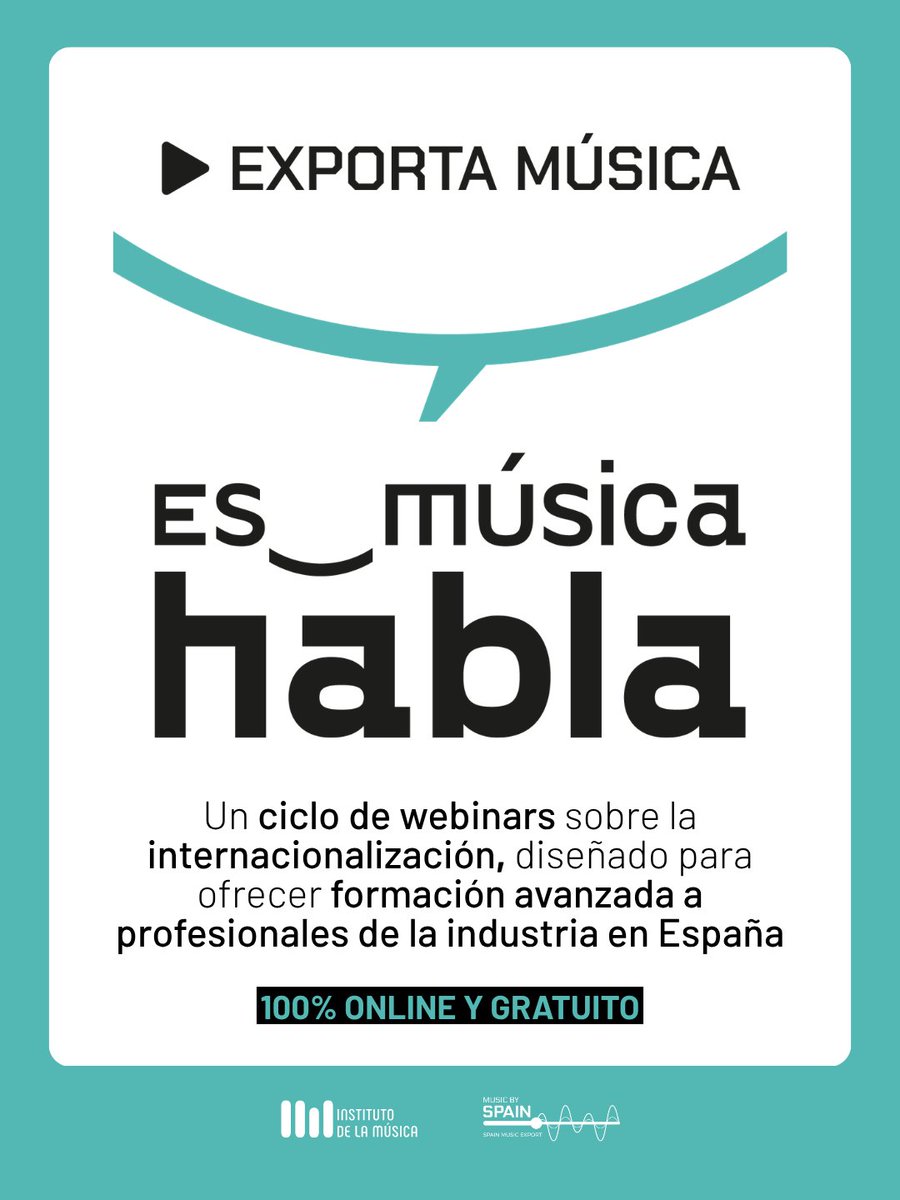 instmusica_org's tweet photo. PRESENTAMOS "ES_MÚSICA HABLA: EXPORTA MÚSICA” 🌎

El ciclo de webinars Es_Música Habla "Exporta Música" del Instituto de la Música, en colaboración con Music by Spain, estará compuesto por 12 webinars de una hora, que se desarrollarán entre octubre de 2026 y marzo de 2027. https://t.co/yjO9I6qj8n