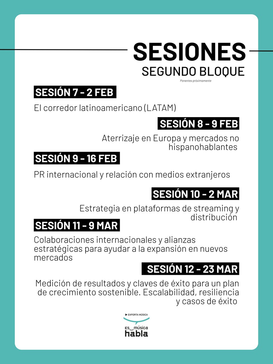instmusica_org's tweet photo. PRESENTAMOS "ES_MÚSICA HABLA: EXPORTA MÚSICA” 🌎

El ciclo de webinars Es_Música Habla "Exporta Música" del Instituto de la Música, en colaboración con Music by Spain, estará compuesto por 12 webinars de una hora, que se desarrollarán entre octubre de 2026 y marzo de 2027. https://t.co/yjO9I6qj8n