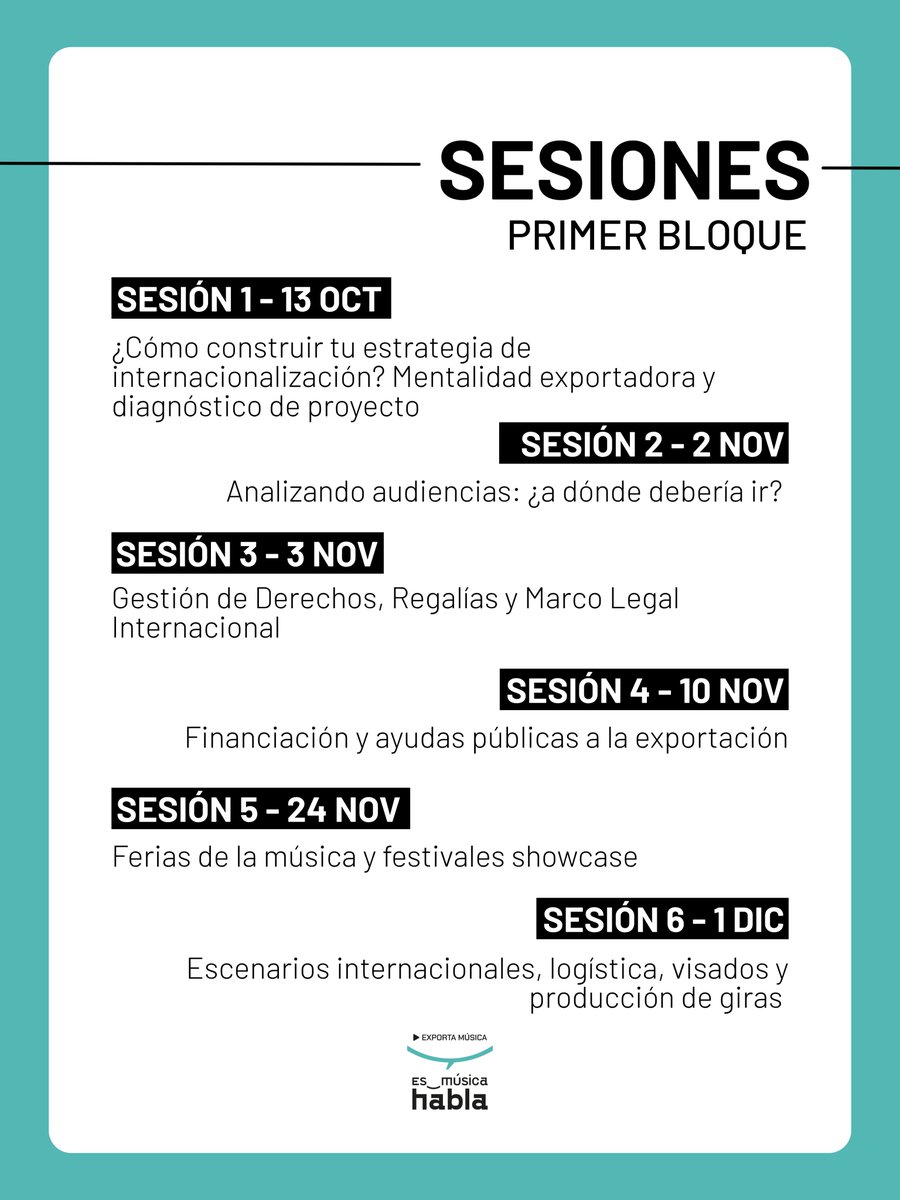 instmusica_org's tweet photo. PRESENTAMOS "ES_MÚSICA HABLA: EXPORTA MÚSICA” 🌎

El ciclo de webinars Es_Música Habla "Exporta Música" del Instituto de la Música, en colaboración con Music by Spain, estará compuesto por 12 webinars de una hora, que se desarrollarán entre octubre de 2026 y marzo de 2027. https://t.co/yjO9I6qj8n