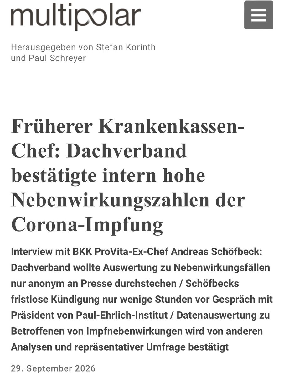 rosenbusch_'s tweet photo. „Die Datenauswertung von Schöfbeck und Lausen deckt sich mit anderen Analysen. Schöfbeck selbst verweist auf Auswertungen der Techniker Krankenkasse (TK) und der Kassenärztlichen Bundesvereinigung (KBV) aus dem Jahr 2022, die eine ähnliche Zahl von Betroffenen ergaben. Die von Schöfbeck berechneten 2,5 bis drei Millionen Betroffenen entsprechen vier bis fünf Prozent der Geimpften. 

Laut einer von Multipolar 2024 initiierten und von der „Neuen Osnabrücker Zeitung“ daraufhin beauftragten repräsentativen Forsa-Umfrage berichteten 19 Prozent der Geimpften von Nebenwirkungen. Davon suchten acht Prozent einen Arzt auf. In 4,4 Prozent der Fälle wurde die Impfnebenwirkung ärztlich bestätigt. Auch diese Zahl stimmt mit Berechnungen von Schöfbeck und Lausen überein.“

https://t.co/XVEM0wZTMS