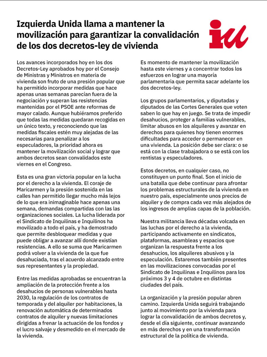 IzquierdaUnida's tweet photo. 🔻 COMUNICADO | Izquierda Unida llama a mantener la movilización para garantizar la convalidación de los dos decretos-ley de vivienda https://t.co/xEFStmKpqb