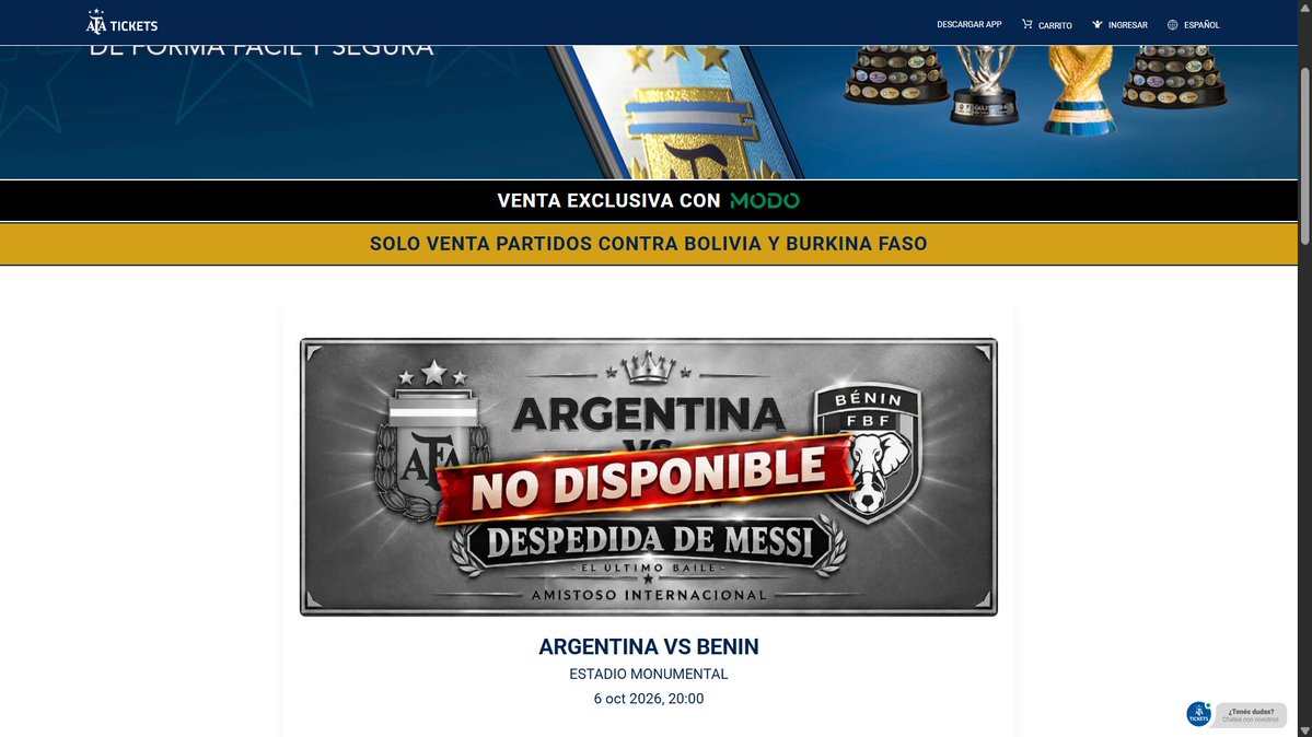 LaBombotuitera's tweet photo. VOLVIO EL BANNER DE ARGENTINA BENIN... PERO AHORA YA NO SALE EL MENSAJE DE AGOTADO CUANDO LE DABAN REFRESH A LA PAGINA. ES MAS TE DEJA INTERACTUAR, LE DAS CLICK Y SE REFRESCA LA PAGINA. LO ESTAN PREPARANDO.... https://t.co/nz1GjU3k8b