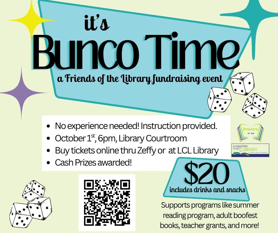 LCLReads's tweet photo. Join the Friends of the Library for an exciting evening of BUNCO!
Purchase your tickets online through Zeffy or stop by the Main Library to pay in person!
Tickets can also be purchased at the door the evening of. #ChillicotheMO #adultscanhavefuntoo #lclreads #friendsofthelibrary https://t.co/vhfFcNv0mF