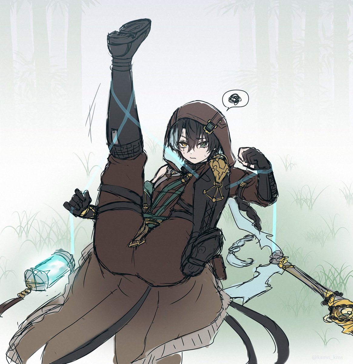 ksmn_kms's tweet photo. 落書き。
通常三段が武器と繋がってる紐を蹴り下ろしてるように見えるので絡まったことないのかなって https://t.co/QfMIAGrwAA