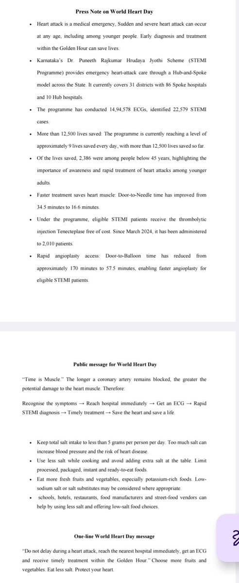 ChristinMP_'s tweet photo. Karnataka's Dr Puneeth Rajkumar Hrudaya Jyothi Scheme has saved more than 12,500 lives through rapid heart-attack care, including 2,386 people below 45. 

STEMI programme covers 31 districts through 86 Spoke & 10 Hub hospitals. 

It has conducted 14.94 lakh ECGs & identified 22,579 STEMI cases. 

Door-to-Needle time has fallen from 34.5 to 16.6 minutes..Door-to-Balloon time has dropped from 170 to 57.5 minutes. Eligible patients receive Tenecteplase free. 

@DHFWKA