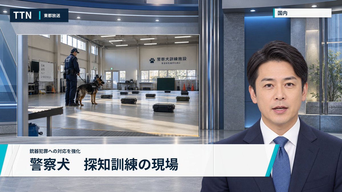 catdog_flat's tweet photo. 記録番号：SR-ER-2029-003
媒体：TTN／東都放送
資料形態：放送画面の静止画
放送日時：2029年（詳細不明）
対象地域：日本国内
概要：警察犬の訓練現場を示し、銃器犯罪への対応強化を伝える。
※開発中のゲーム『Sundown Record』に収録予定の架空のアーカイブ画像です。
#個人ゲーム開発 #SundownRecord