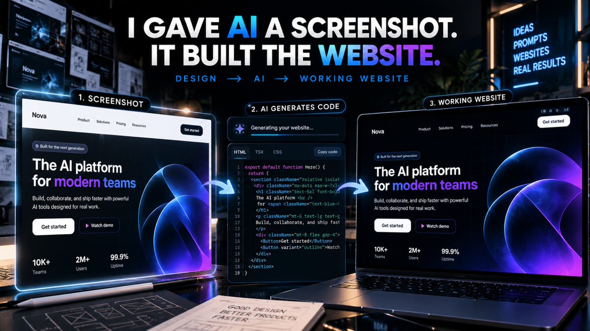 DexXonAI's tweet photo. Stop asking AI to build websites from scratch.

Give it a screenshot instead.

I tested this workflow:

Screenshot → AI → working website

No Figma.
No frontend work.
No hours of tweaking.

Here's how it works ↓ https://t.co/IDuJUGF19a