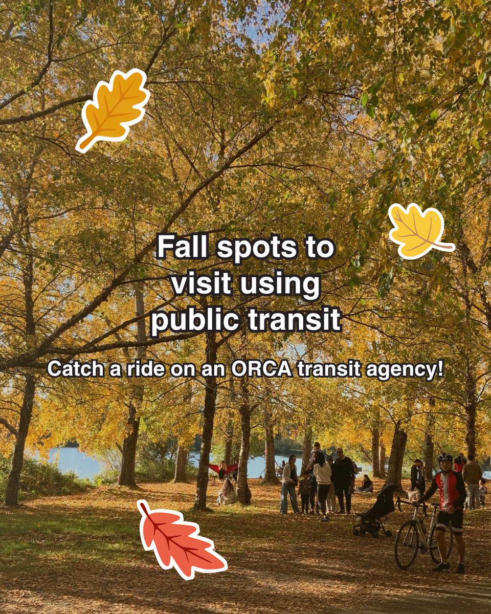 TheORCACard's tweet photo. Fall vibes are finally here across Puget Sound! Check out some of our favorite fall spots you can get to by riding with an ORCA transit partner. 

Remember, your ORCA card works across seven different transit agencies on buses, trains, ferries, and more.

🍂 Reply below, what's your favorite fall spot?