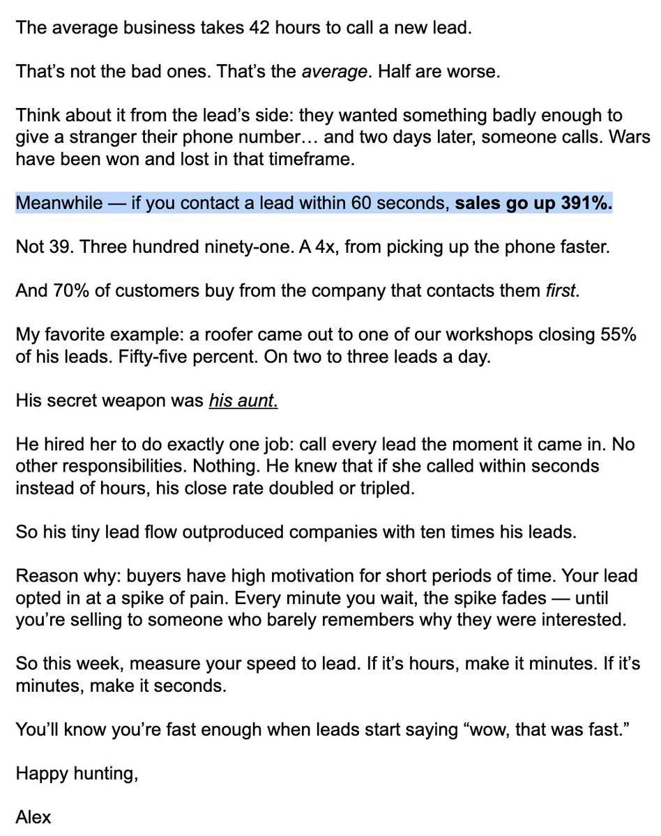 timhouston's tweet photo. Just read this email from @AlexHormozi. If don't have a solution in place yet to respond to your leads in under a minute, what are you waiting for? https://t.co/rTtiKFImvZ