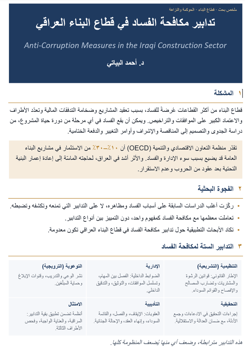 ahmedjalbayati's tweet photo. تدابير مكافحة #الفساد في قطاع البناء #العراقي

يسعدني أن أشارككم عرضًا مختصرًا لبحثنا حول واقع تدابير مكافحة الفساد في قطاع البناء العراقي، مبنيًّا على آراء مهندسين ومديرين ومشرفين ميدانيين يعملون في القطاع.

يقيّم البحث ستة أنواع من التدابير: التنظيمية، والإدارية، والتوعوية، والتحقيقية، والتأديبية، والامتثال.

وتشير النتائج إلى أن جهود المكافحة تعتمد أساسًا على القوانين والإجراءات الإدارية وأنظمة الامتثال، بينما يقلّ الاهتمام بالتدريب والتوعية وتطبيق العقوبات والتحقيق المنهجي.

البحث الكامل متاح لمراكز البحوث العراقية الراغبة في نشره كاملًا. يُرجى التواصل عبر الرسائل الخاصة.

©️ جميع حقوق النشر والتوزيع محفوظة للدكتور أحمد البياتي، ولا يجوز نشر البحث الكامل أو توزيعه إلا بإذن مسبق.

نأمل أن يسهم هذا العمل في دعم النزاهة والشفافية في مشاريع إعادة إعمار العراق. 🇮🇶

#مكافحة_الفساد #قطاع_البناء #العراق #النزاهة #الحوكمة #إعادة_الإعمار #البحث_العلمي #العراق #العراق_بصورة_أوضح