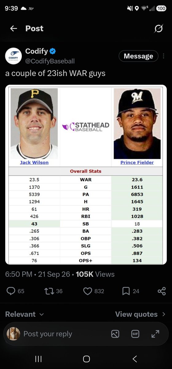 bahhhhhhhhhhh69's tweet photo. @Bigmac161616 @shegone03 This is where ive always struggled with the true value of WAR. Find me a team that would rather have 9 jack wilsons vs 9 price fielders https://t.co/SaB7NbcO99