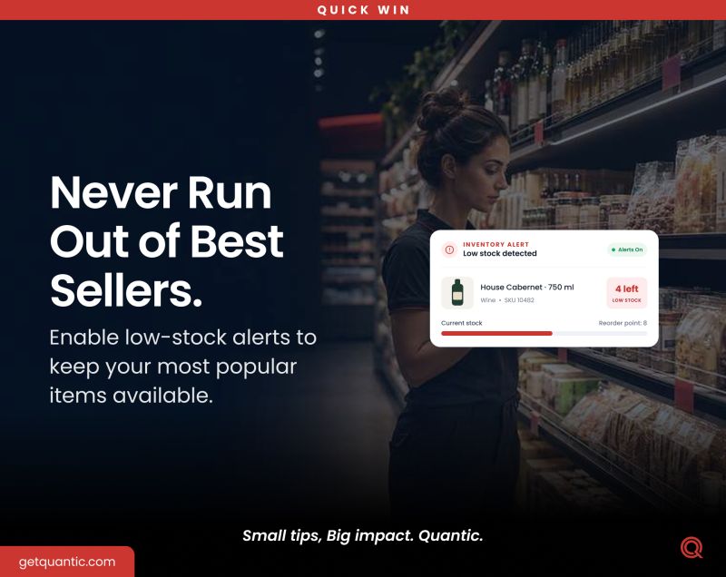 QuanticPOS's tweet photo. This week’s Quick POS Tip 💡

Running out of your most popular products means missed sales.

Set up low-stock alerts and stay ahead of inventory shortages before they impact your business.

#QuanticPOS #QuickWin #InventoryControl #RetailPOS #RestaurantManagement #BusinessTips https://t.co/jKemNwkQ6A