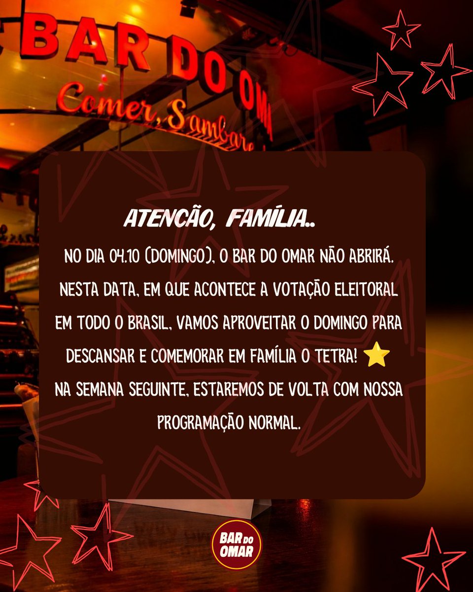 BardoOmar's tweet photo. Oi, família.

No dia 04.10 (domingo), o Bar do Omar não abrirá. Nesta data, em que acontece a votação eleitoral em todo o Brasil, vamos aproveitar o dia para descansar e comemorar em família o TETRA! ⭐

Na semana seguinte, estaremos de volta com nossa programação normal de domingo.

Treze abraços! ❤️⭐
