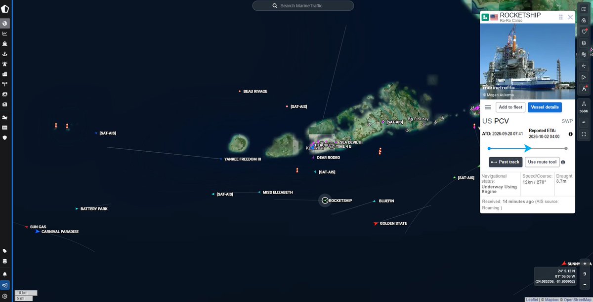 CheckRideAir's tweet photo. T+28 hours RocketShip is abeam Key west, soon to leave the Eastern coast of FL and head North through the Gulf to Southwest Pass. 
#maritime #keywestfl #straightsofflorida #rocketshipping #ULARocketShip https://t.co/joN9qyHM6R