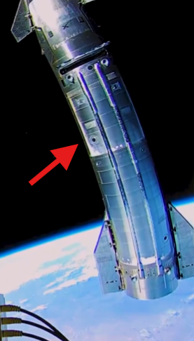 A cylindrical space module or rocket stage is shown in orbit above Earth's horizon, with a red arrow pointing to a visible bend or kink in its midsection that suggests structural damage rather than a camera lens distortion. The image supports the post's claim that the apparent curve in the object is a real physical deformation of the spacecraft, not an optical illusion.