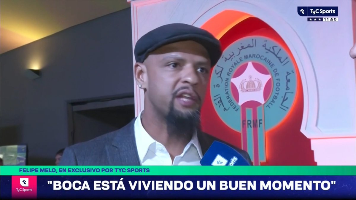 A TyC Sports news broadcast featuring Felipe Melo being interviewed in front of the 'Fédération Royale Marocaine de Football' (FRMF) logo, with a banner reading 'BOCA ESTÁ VIVIENDO UN BUEN MOMENTO'.