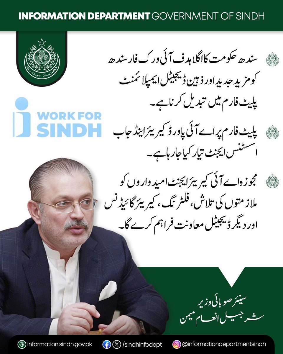 sindhinfodepart's tweet photo. سینئر صوبائی وزیر شرجیل انعام میمن نے کہا ہے کہ سندھ حکومت کا اگلا ہدف آئی ورک فار سندھ کو مزید جدید اور ذہین ڈیجیٹل ایمپلائمنٹ پلیٹ فارم میں تبدیل کرنا ہے۔ پلیٹ فارم پر اے آئی پاورڈ کیریئر اینڈ جاب اسسٹنس ایجنٹ تیار کیا جا رہا ہے۔

انہوں نے کہا کہ مجوزہ اے آئی کیریئر ایجنٹ امیدواروں کو ملازمتوں کی تلاش، فلٹرنگ، کیریئر گائیڈنس اور دیگر ڈیجیٹل معاونت فراہم کرے گا۔ سرکاری اور نجی شعبے میں دستیاب ملازمتوں کو براہِ راست پلیٹ فارم کے ساتھ منسلک کرنے کے لیے آٹو جاب انٹیگریشن سسٹم بھی تیار کیا جا رہا ہے۔

سینئر صوبائی وزیر کا کہنا تھا کہ آٹومیشن نظام کی ابتدائی تیاری اور نفاذ آئندہ ڈیڑھ سے دو ماہ کے دوران متوقع ہے، ساتھ ساتھ ڈیلی جاب الرٹس بھی متعارف کرائے جائیں گے۔ سندھ حکومت کا مقصد ایک جدید ڈیجیٹل روزگار اور کیریئر ایکو سسٹم تشکیل دینا ہے۔