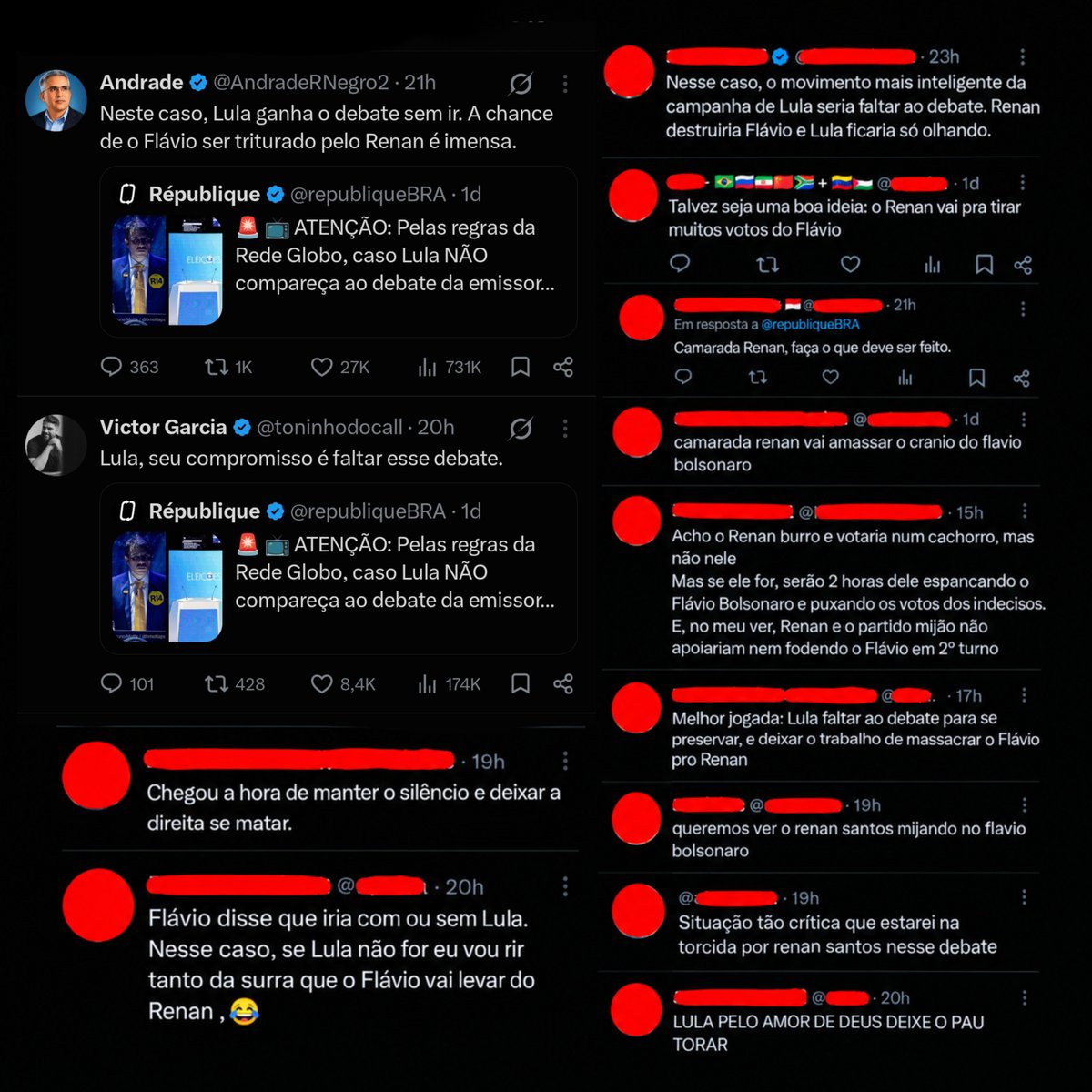 bralternativo_'s tweet photo. 🇧🇷🗳️ Em postagens no X, apoiadores de Lula CELEBRAM a possibilidade de Renan Santos comparecer ao debate no lugar do presidente.

“Vai tirar votos do Flávio”, “Deixa a direita se matar”, “Lula ganha o debate sem ir” e “Deixa o trabalho de massacrar o Flávio pro Renan” são alguns dos comentários.