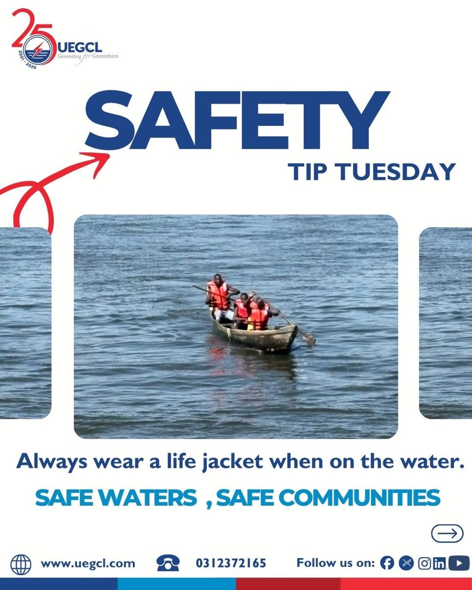 UegclOfficial's tweet photo. 🦺 SAFETY TIP TUESDAY

When you’re on the water, make your life jacket part of your essential gear.

Wearing a life jacket is one simple but important step towards staying safe while fishing, travelling or working on the River Nile.

Through our community engagements, UEGCL continues to promote awareness and encourage safer practices among communities along the river.

Stay alert. Stay equipped. Stay safe.

#SafetyTipTuesday #UEGCLat25  #GeneratingForGenerations