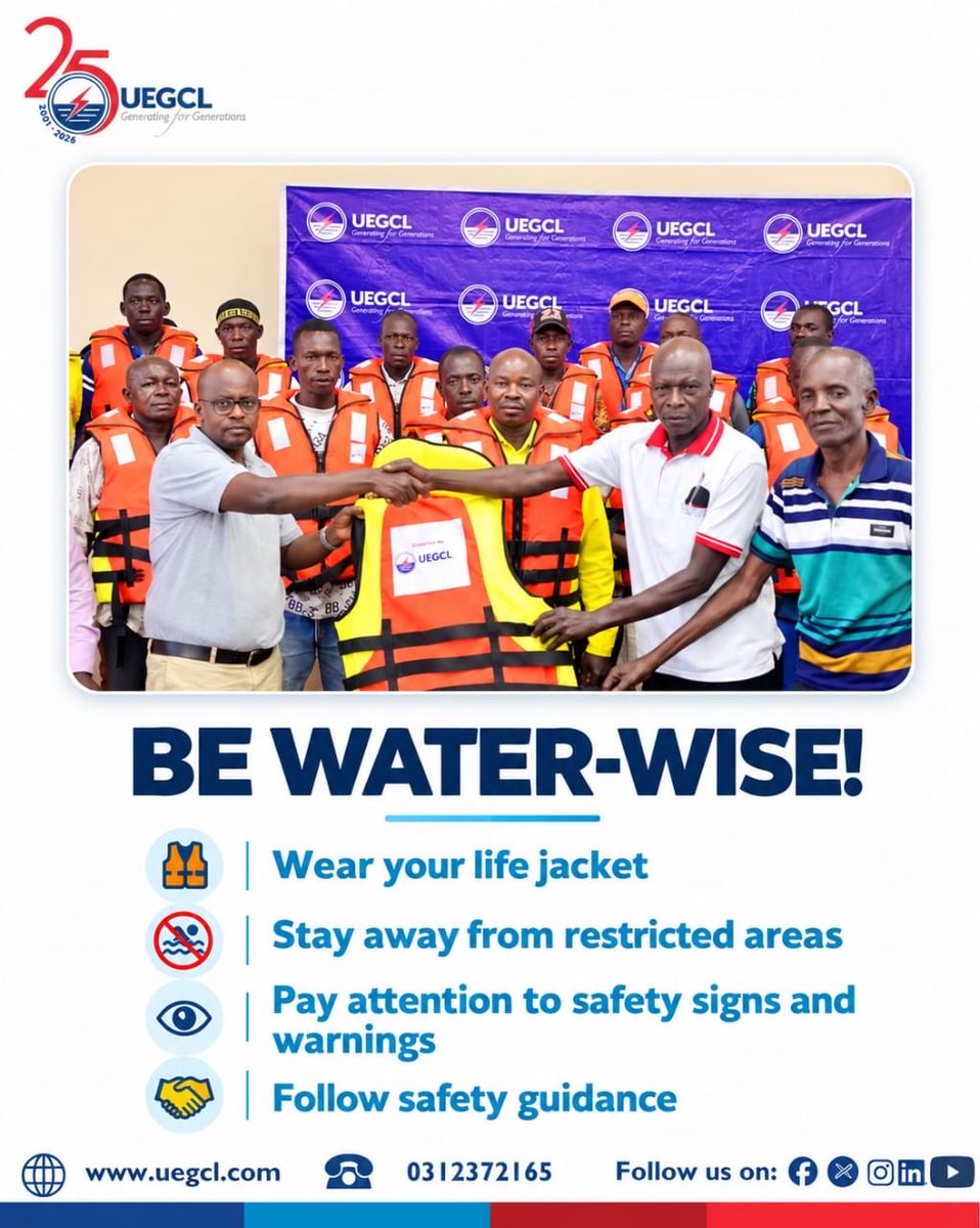 UegclOfficial's tweet photo. 🦺 SAFETY TIP TUESDAY

When you’re on the water, make your life jacket part of your essential gear.

Wearing a life jacket is one simple but important step towards staying safe while fishing, travelling or working on the River Nile.

Through our community engagements, UEGCL continues to promote awareness and encourage safer practices among communities along the river.

Stay alert. Stay equipped. Stay safe.

#SafetyTipTuesday #UEGCLat25  #GeneratingForGenerations