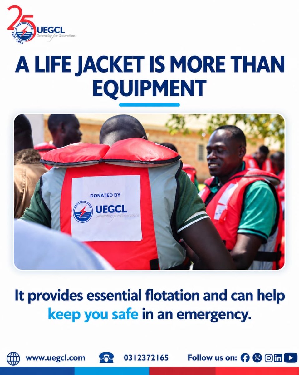 UegclOfficial's tweet photo. 🦺 SAFETY TIP TUESDAY

When you’re on the water, make your life jacket part of your essential gear.

Wearing a life jacket is one simple but important step towards staying safe while fishing, travelling or working on the River Nile.

Through our community engagements, UEGCL continues to promote awareness and encourage safer practices among communities along the river.

Stay alert. Stay equipped. Stay safe.

#SafetyTipTuesday #UEGCLat25  #GeneratingForGenerations
