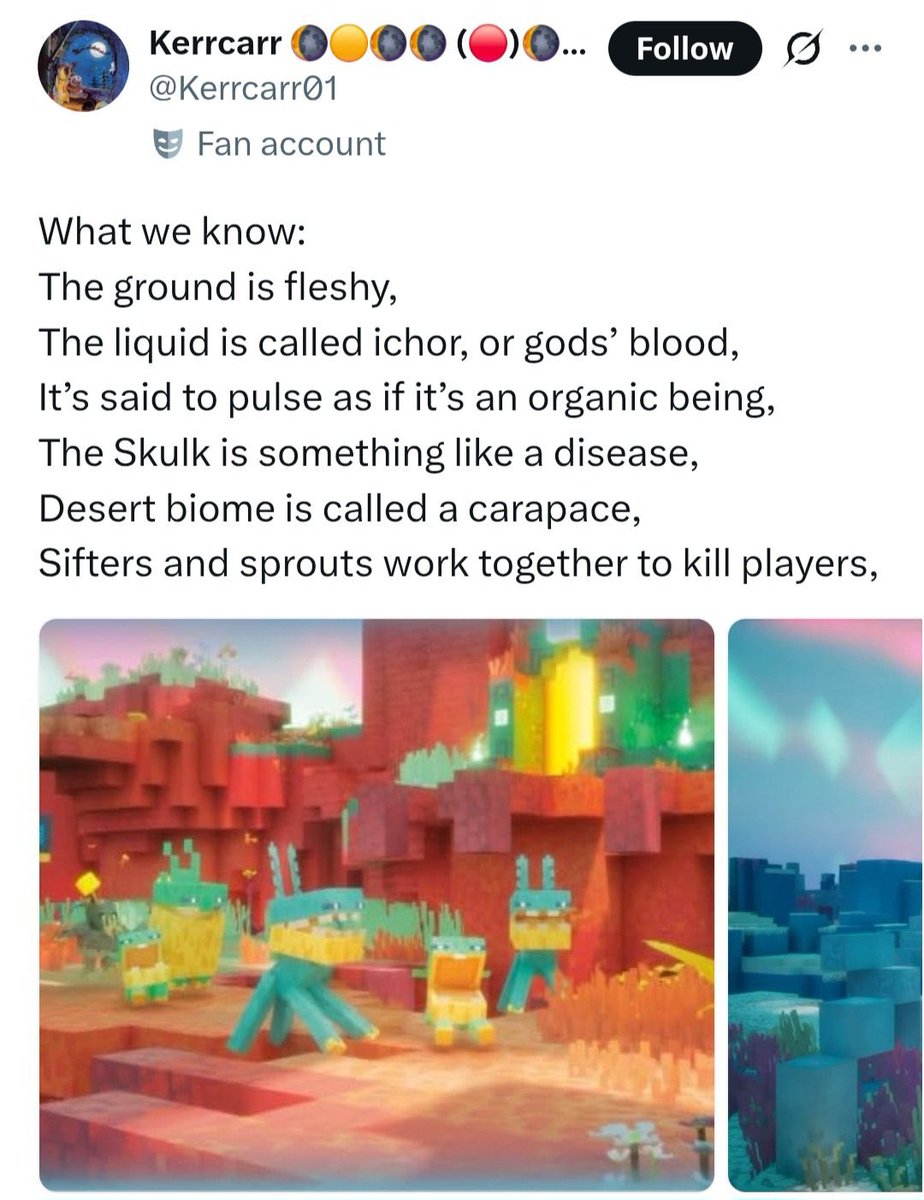 Carlosarty12's tweet photo. The fact that Sift is identical to Mysterious Flesh Pit National Park in many ways is actually the coolest thing I've seen coming from Minecraft. Sift is a living-thing world being controlled by its exclusive faunas https://t.co/srKEYMNCDi