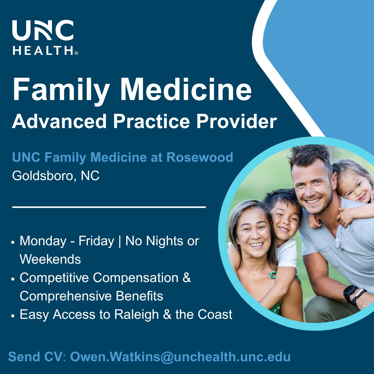 UNCPhysRecruit's tweet photo. UNC Family Medicine at Rosewood is hiring a Family Medicine Advanced Practice Provider (NP/PA) to join our team in Goldsboro, NC.  To learn more, contact Owen Watkins.

To apply: https://t.co/E7XUJ0RkRw https://t.co/p4qAHtk2oG