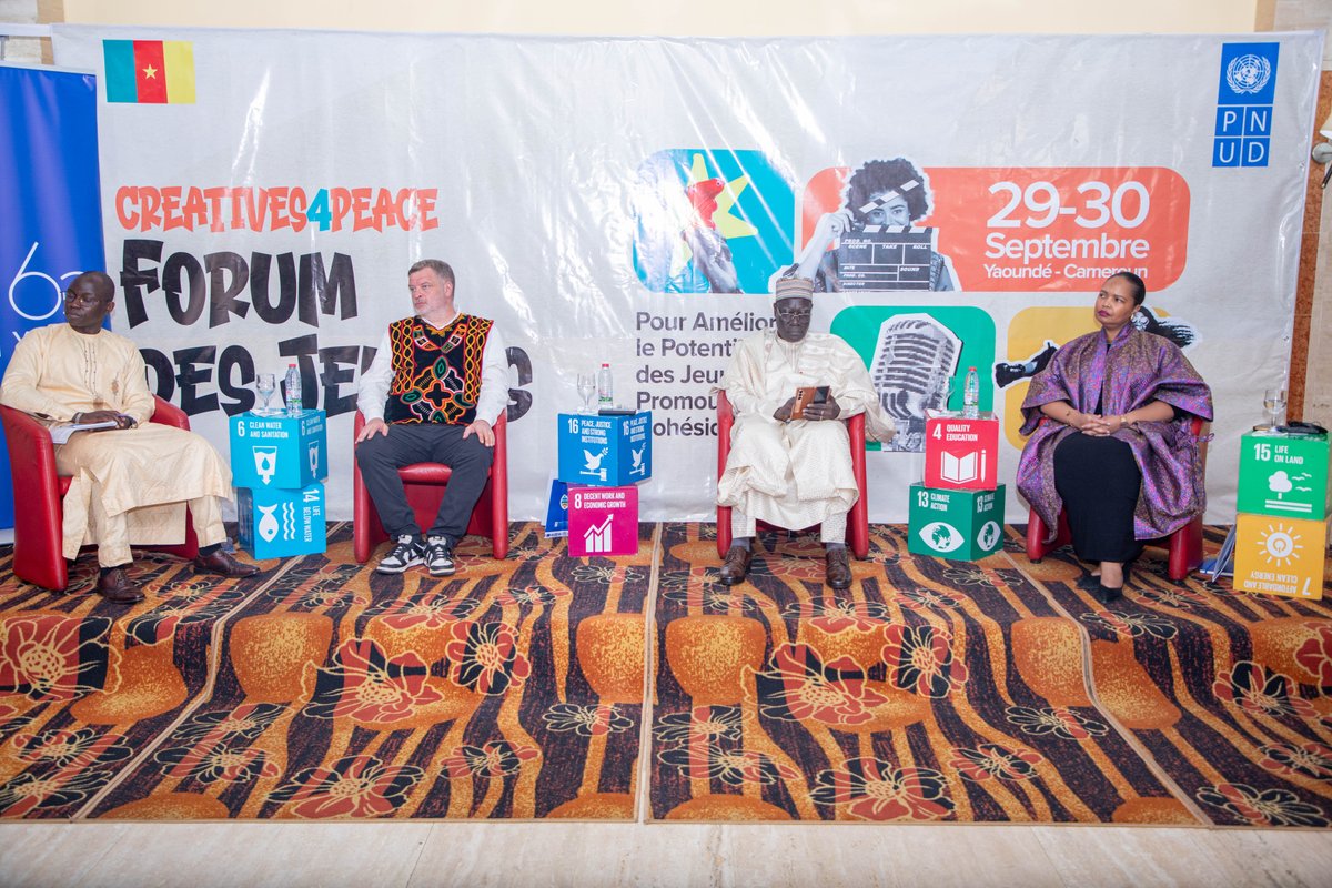 UNDPWACA's tweet photo. Un forum de la jeunesse #Creatives4Peace de deux jours se tient actuellement à Yaoundé, au Cameroun. De jeunes créateurs issus des secteurs du cinéma, de la musique, de la mode et des arts, venus de plusieurs pays africains, y échangent sur la manière dont les industries culturelles et créatives peuvent davantage favoriser l'autonomisation économique, la cohésion sociale et la création d'opportunités.

Le ministre camerounais de la Jeunesse et de l'Éducation civique, S.E. Mounouna Foutsou (@Mfoutsou), a pris part à la cérémonie d'ouverture aux côtés de représentants du PNUD, de la Commission de l'Union africaine (Dép't chargé des questions de femmes et de jeunesse) et du conseil national de la jeunesse.

Plusieurs panels, ponctués d'intermèdes musicaux, de prestations de « spoken word » et de performances artistiques, rythmeront ces deux journées.

#Creatives4PeaceYouthForum @undp4youth @Gen17YL @gen17 @undpafrica 
#generation17 #GlobalGoals @UNDP Africa