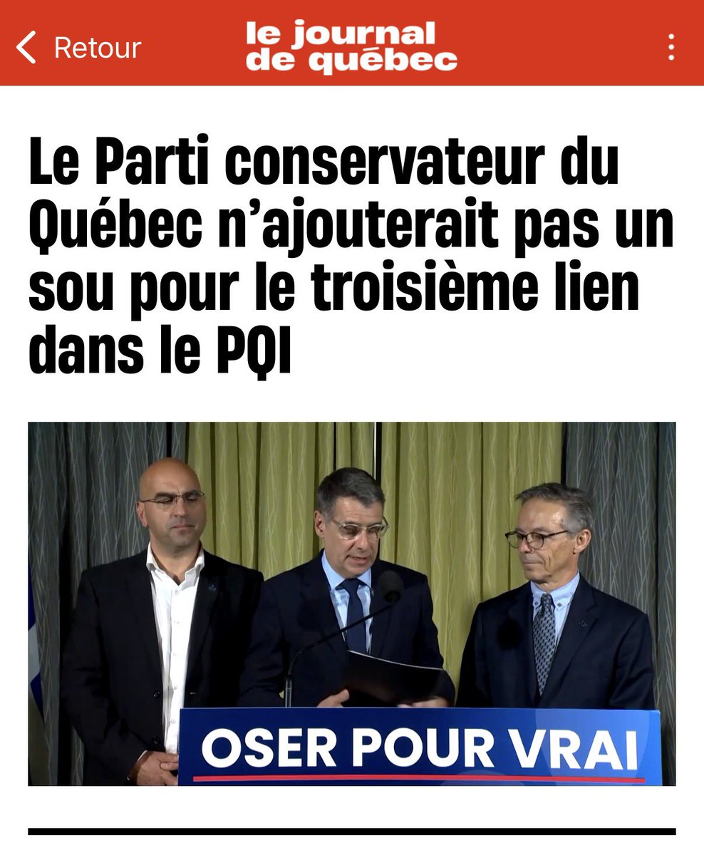 pascalpparadis's tweet photo. Il y a une limite à prendre les gens de Québec pour des valises. Qui va croire le Parti conservateur qui affirme pouvoir construire son 3e lien sans y mettre un sou? 

Dans son cadre financier, le Parti conservateur n’a en effet rien prévu au Plan québécois d’infrastructure (PQI) pour permettre la construction de son 3e lien, une autre démonstration qu’il s’agit d’une fabulation qui ne se réalisera jamais. Depuis quand les infrastructures apparaissent au Québec comme par magie?

La CAQ et le PLQ ont déjà démontré leur manque de crédibilité sur le 3e lien. Le Parti conservateur arrive à faire encore pire en tentant de faire croire un 3e lien gratuit.

Pour un gouvernement sérieux et responsable, qui donne l’heure juste en matière d’infrastructures de transport et de mobilité durable, c’est le Parti Québécois que ça va prendre.