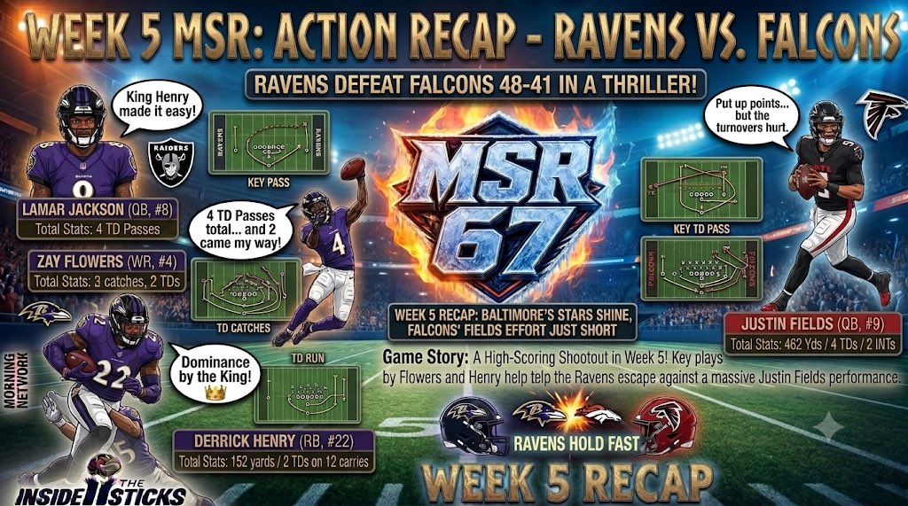 MSRSticks's tweet photo. Week 5 in the @MSRLeague has kicked off ... Here's your Morning Drop!!

Behind a full team effort, Baltimore &amp; @MSRGroovy edge the Falcons in a thriller, 48-41

The Ravens improve to 5-0 with big performances from King Henry &amp; Zay Flowers (2 TDs each)

#MSR67 | #TheMorningDrop https://t.co/yi7uZEvjGp