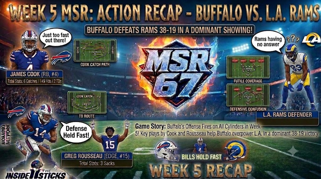 MSRSticks's tweet photo. The Morning Drop - Week 5 (cont.):

RB James Cook was the Bills leading receiver as Buffalo wins 38-19 over the L.A. Rams

Cook had 149 yards receiving on 6 receptions with 2 TDs. 

Bills EDGE also Greg Rousseau had 3 sacks in the victory.

#MSR67 | @MSRLeague | #TheDrop https://t.co/1LP4CK1WrD