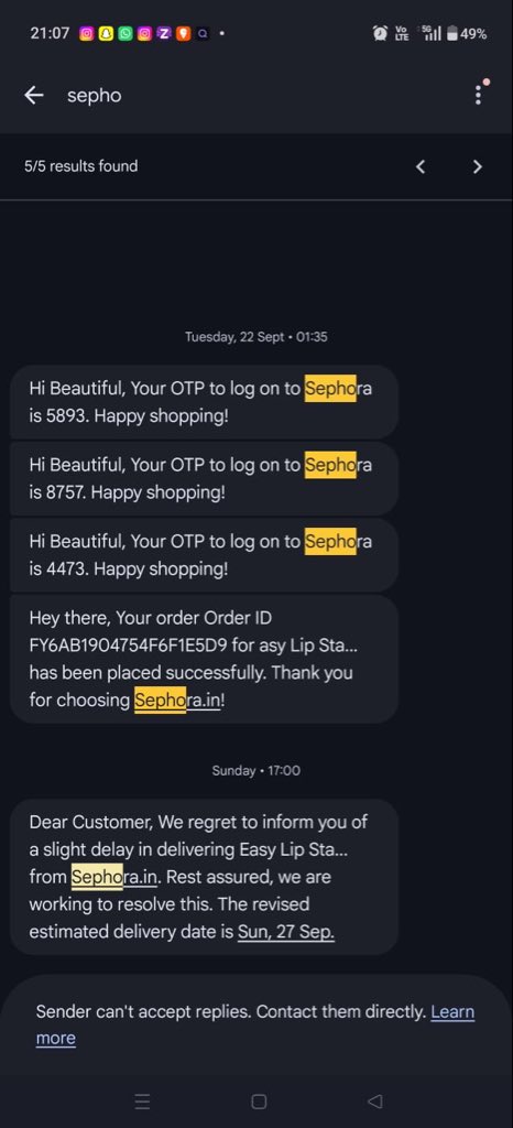 SwainWaves's tweet photo. @Sephora My order has still not been delivered, and I haven’t even received an estimated delivery date. PFA the screenshot for reference. Extremely disappointed with the poor service and lack of communication. Please look into this urgently. #Sephora #CustomerService https://t.co/tNBLbd55Rt