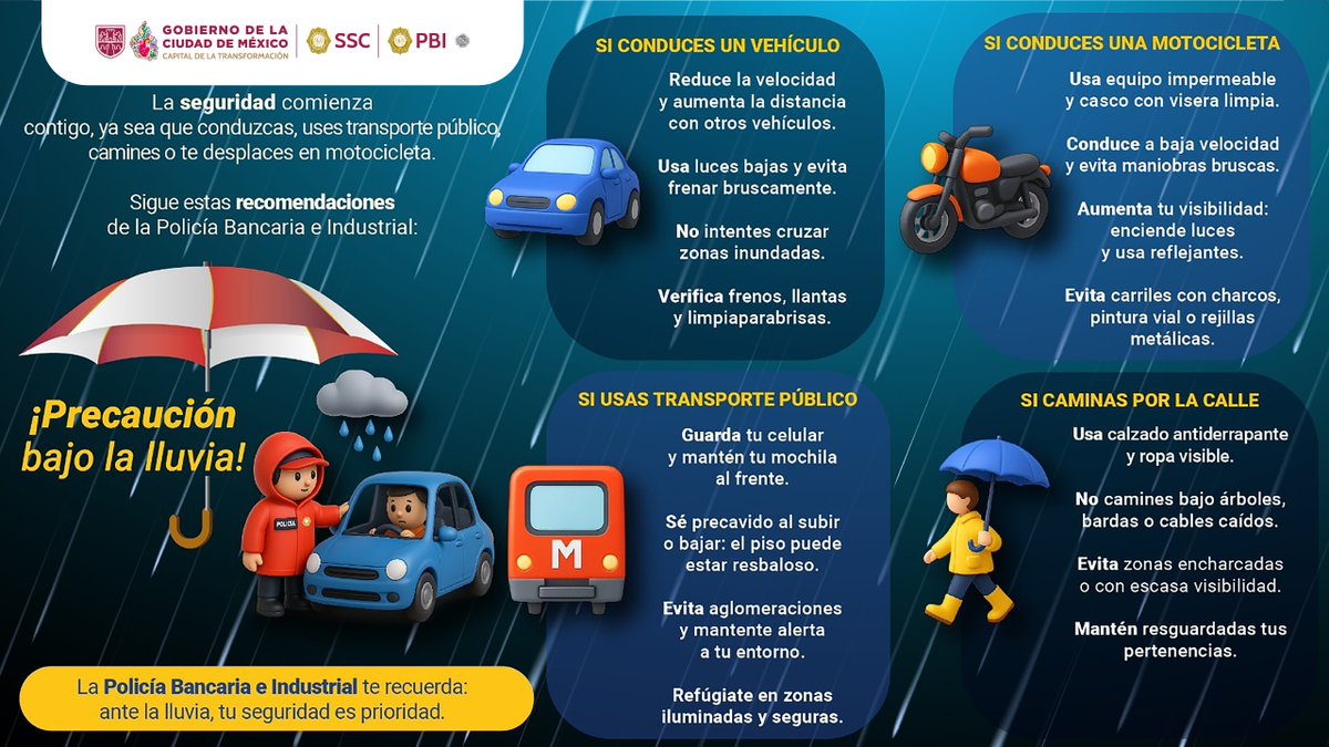 PBI_SSC's tweet photo. ☔🚔 Durante la temporada de lluvias, la seguridad es responsabilidad de todas y todos. La #PBI de la @SSC_CDMX te invita a tomar precauciones si conduces, utilizas transporte público, viajas en motocicleta o te desplazas a pie.
Recuerda: ante la lluvia, la prevención hace la diferencia. #TemporadaDeLluvias #CiudadSegura #PBIContigo 🌧️👮♀️👮♂️